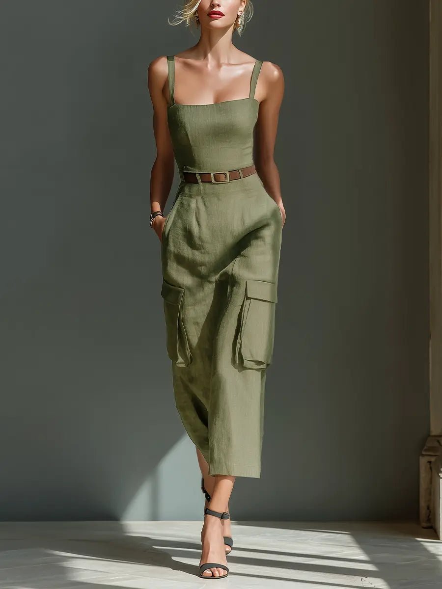 Women's Belted Linen Cargo Midi Dress - Olive Green