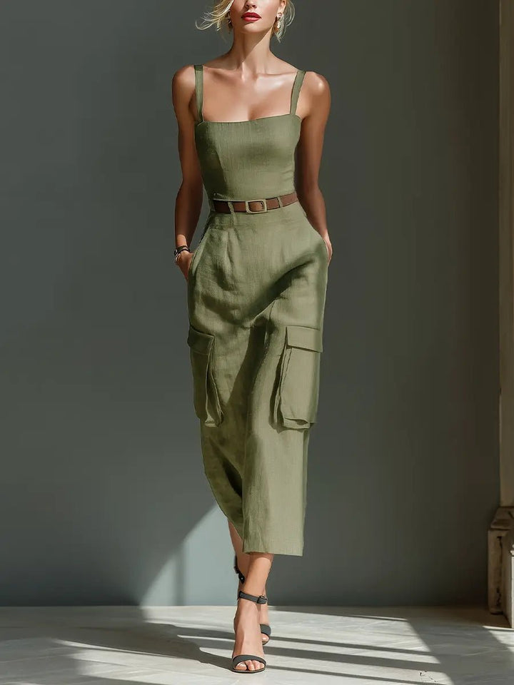 Women's Belted Linen Cargo Midi Dress - Olive Green