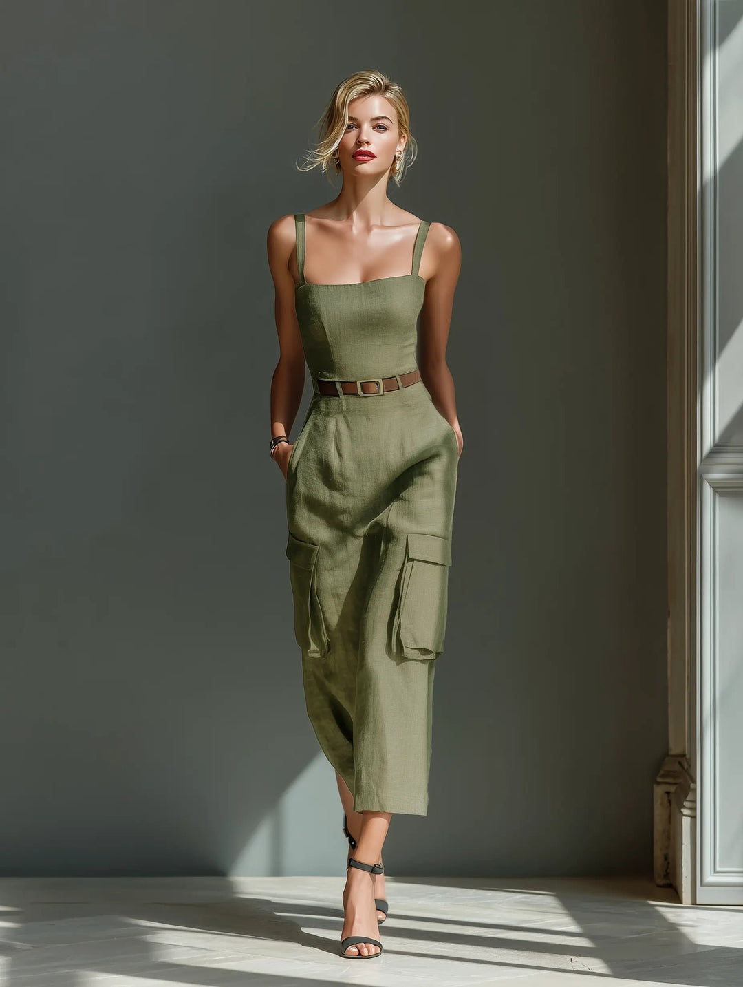 Women's Belted Linen Cargo Midi Dress