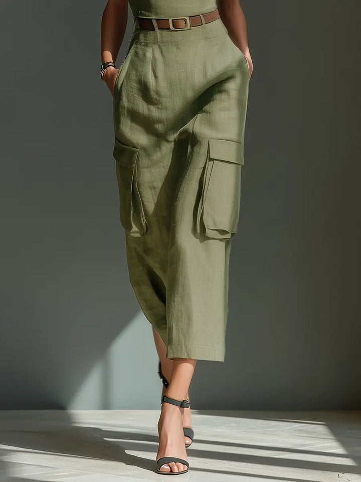 Women's Belted Linen Cargo Midi Dress