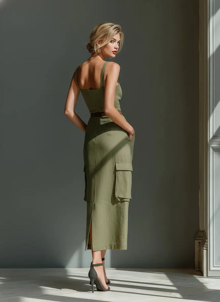 Women's Belted Linen Cargo Midi Dress