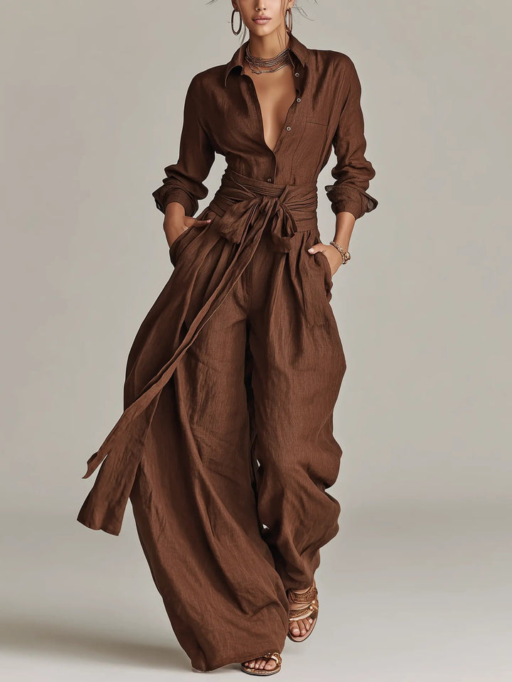 Women's Belted Linen Long-Sleeve Shirt Collar Jumpsuit - Brown