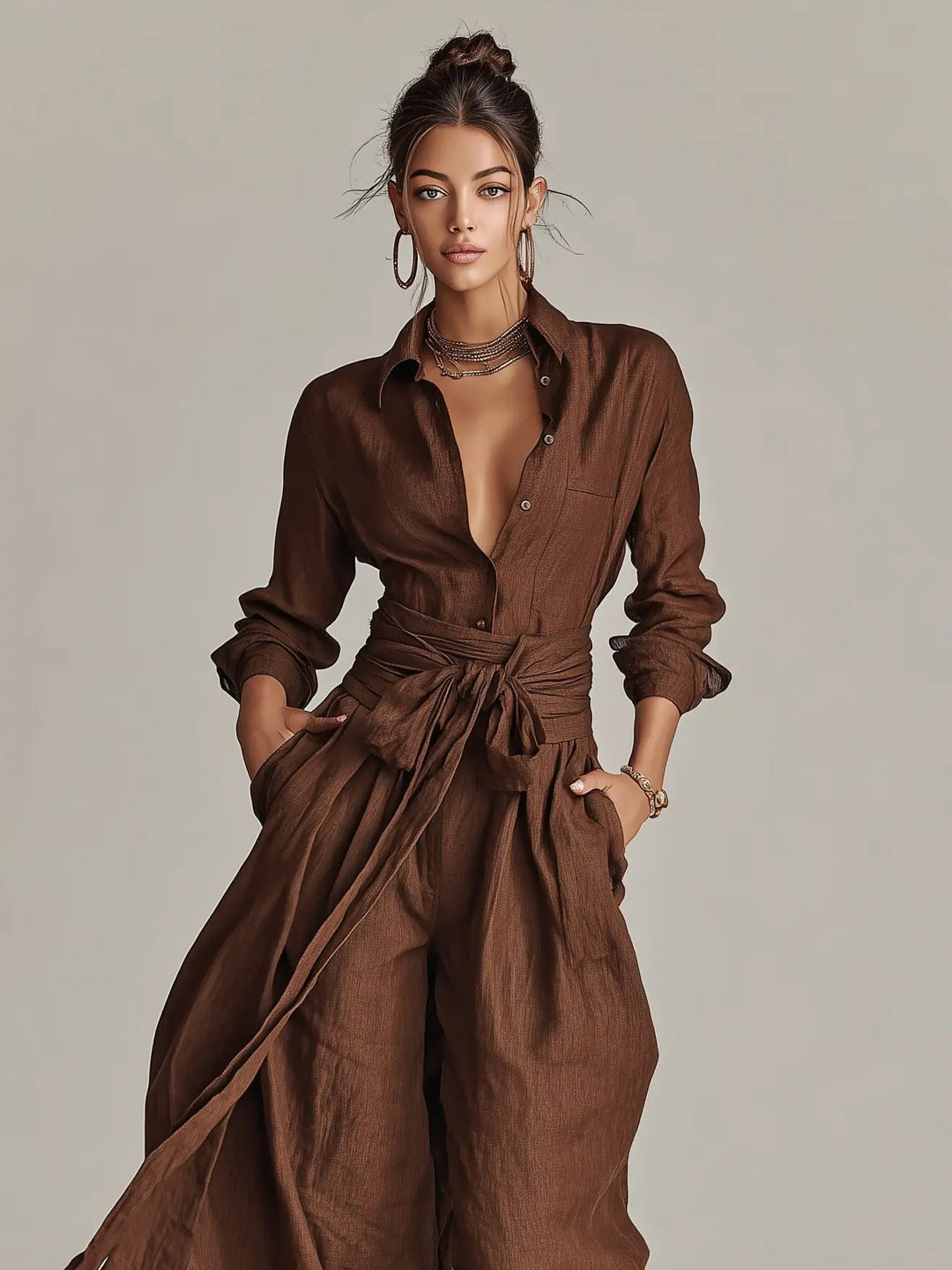 Women's Belted Linen Long-Sleeve Shirt Collar Jumpsuit