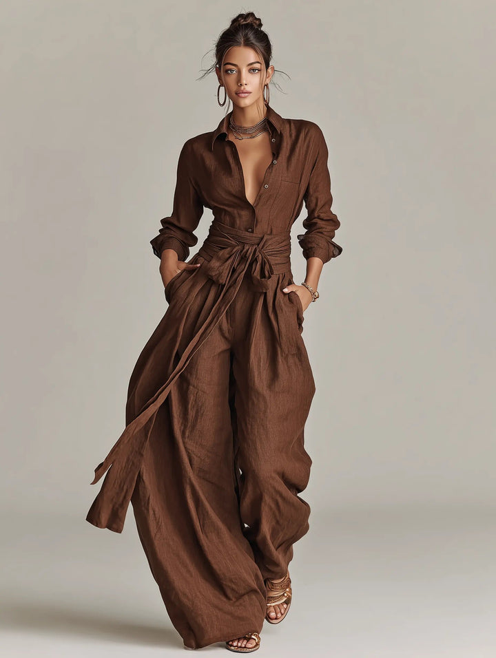 Women's Belted Linen Long-Sleeve Shirt Collar Jumpsuit