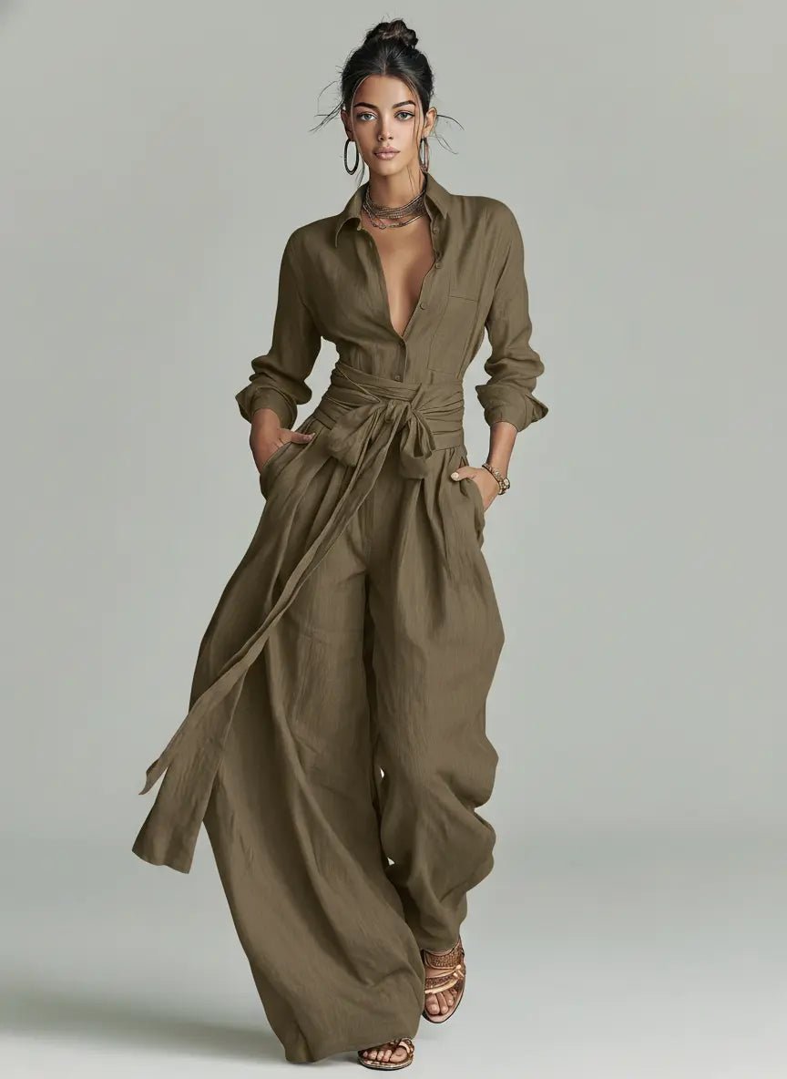 Women's Belted Linen Long-Sleeve Shirt Collar Jumpsuit - Cold Brown