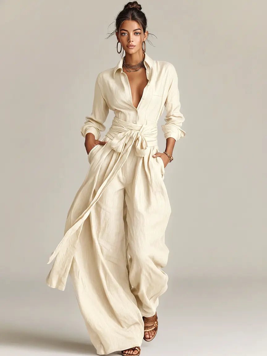 Women's Belted Linen Long-Sleeve Shirt Collar Jumpsuit - White