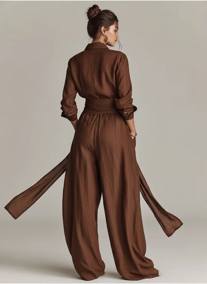 Women's Belted Linen Long-Sleeve Shirt Collar Jumpsuit
