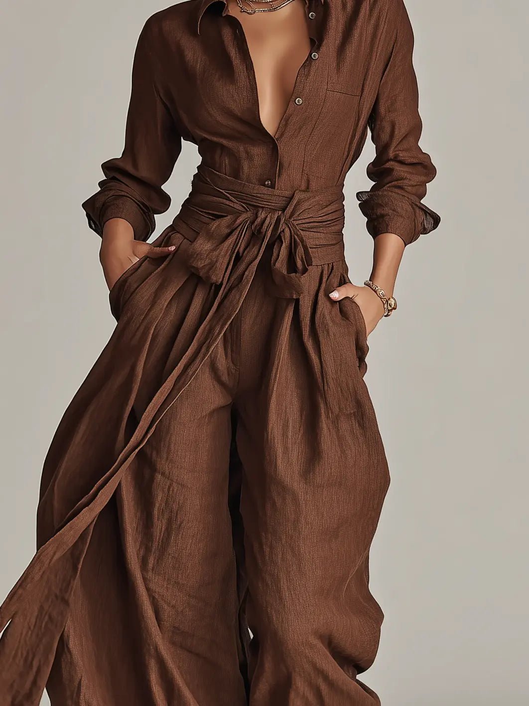 Women's Belted Linen Long-Sleeve Shirt Collar Jumpsuit