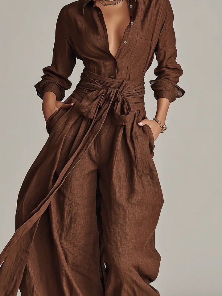 Women's Belted Linen Long-Sleeve Shirt Collar Jumpsuit