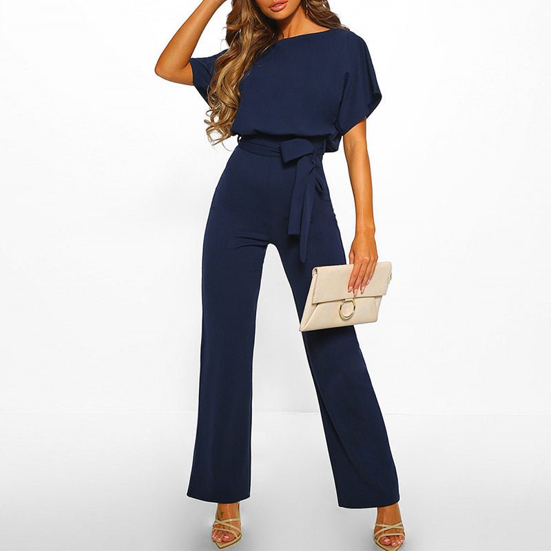 Women's Belted Wide-Leg Jumpsuit - Dark Blue