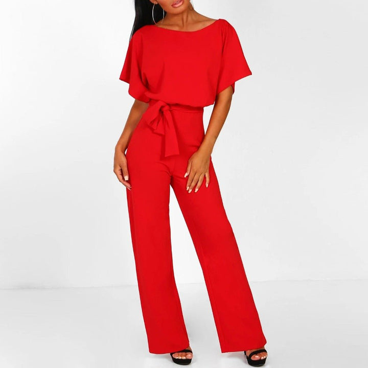 Women's Belted Wide-Leg Jumpsuit - Red