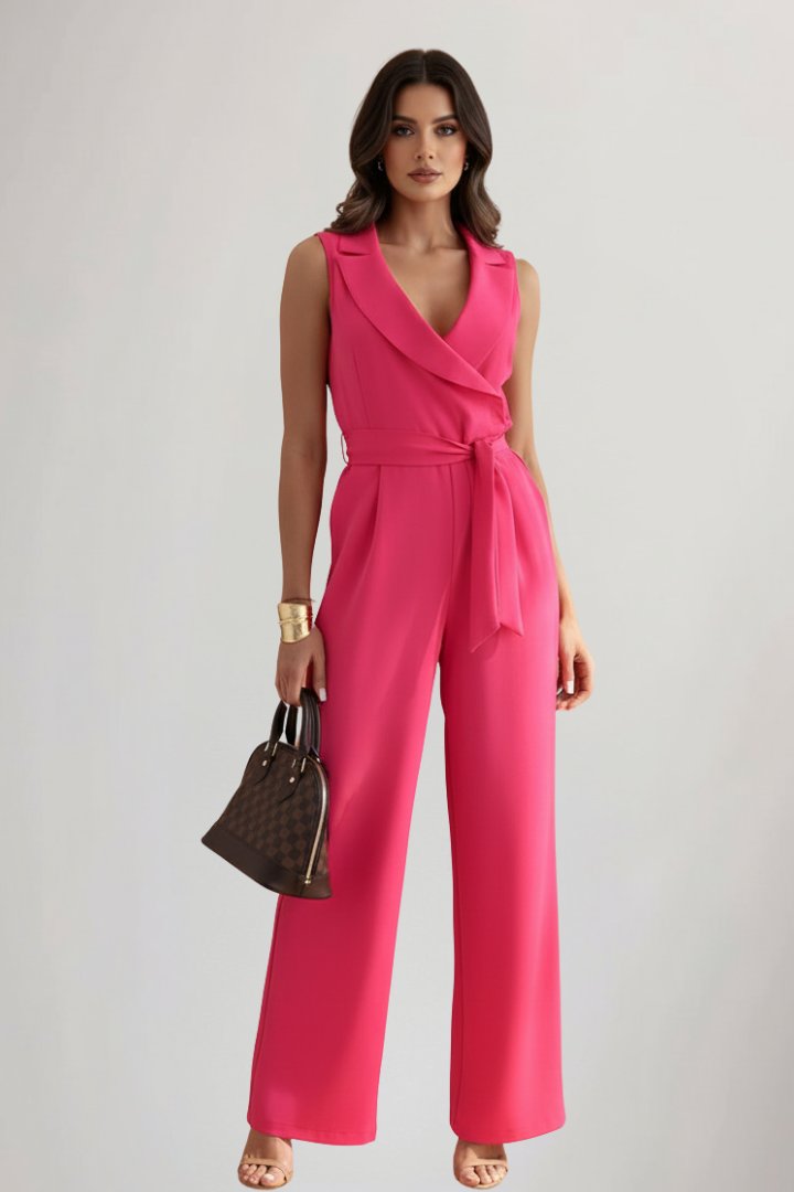 Women's Blazer-Collar Tie-Waist Wide-Leg Full-Length Jumpsuit - Fuchsia Pink