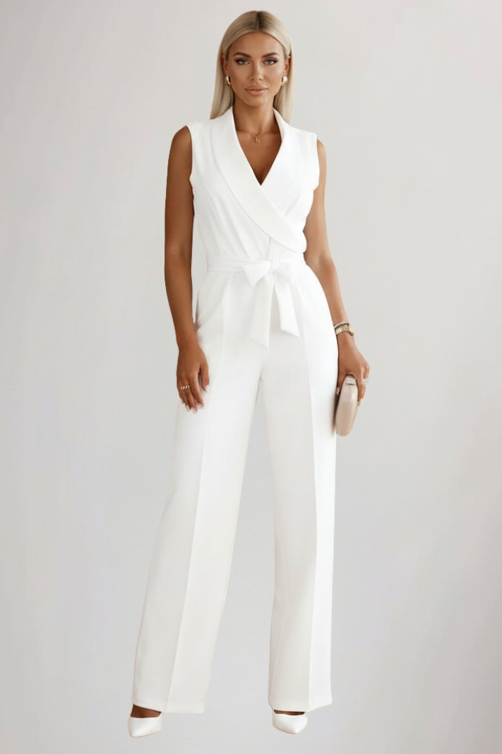 Women's Blazer-Collar Tie-Waist Wide-Leg Full-Length Jumpsuit - White