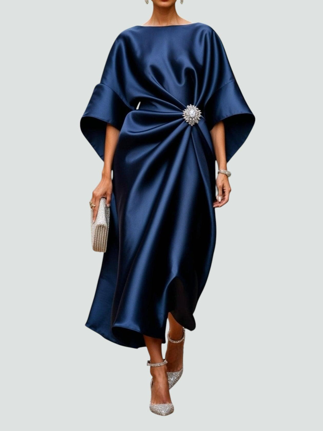 Women's Boat Neck Satin Kimono Sleeve Midi Dress - Navy