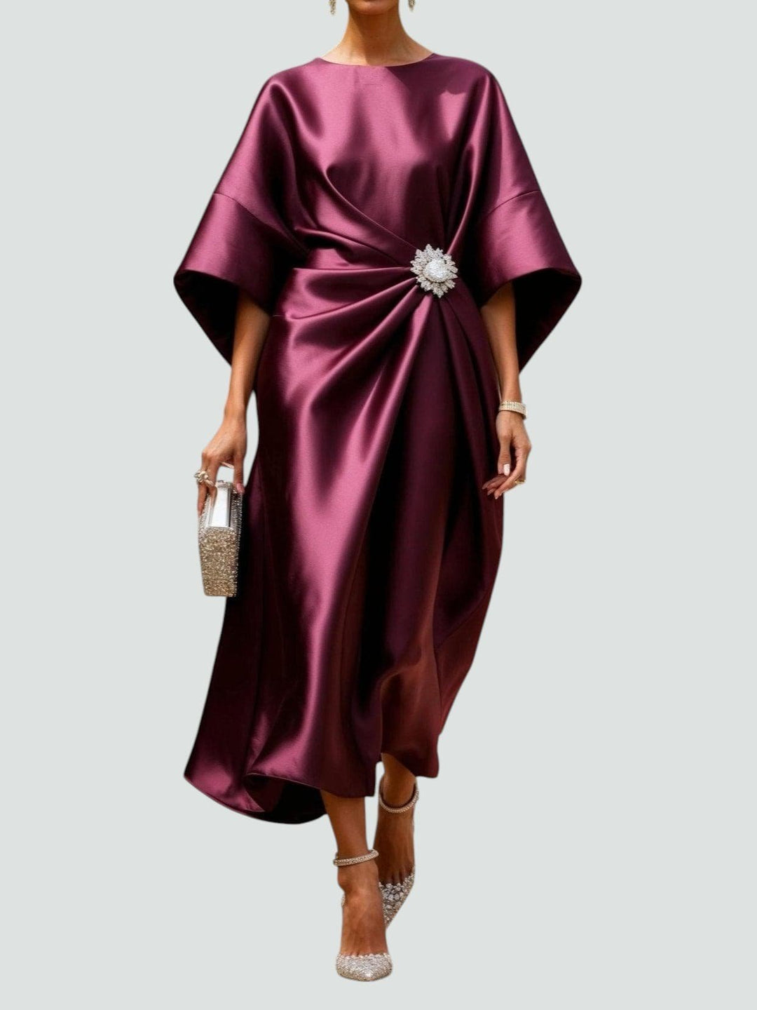 Women's Boat Neck Satin Kimono Sleeve Midi Dress - Red