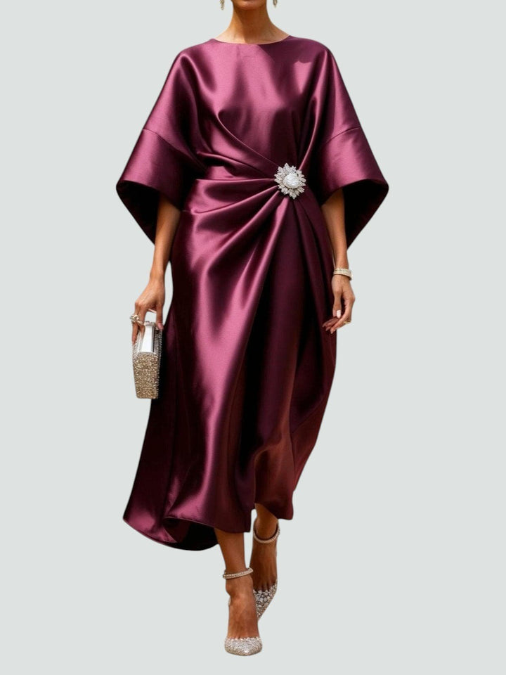 Women's Boat Neck Satin Kimono Sleeve Midi Dress - Red