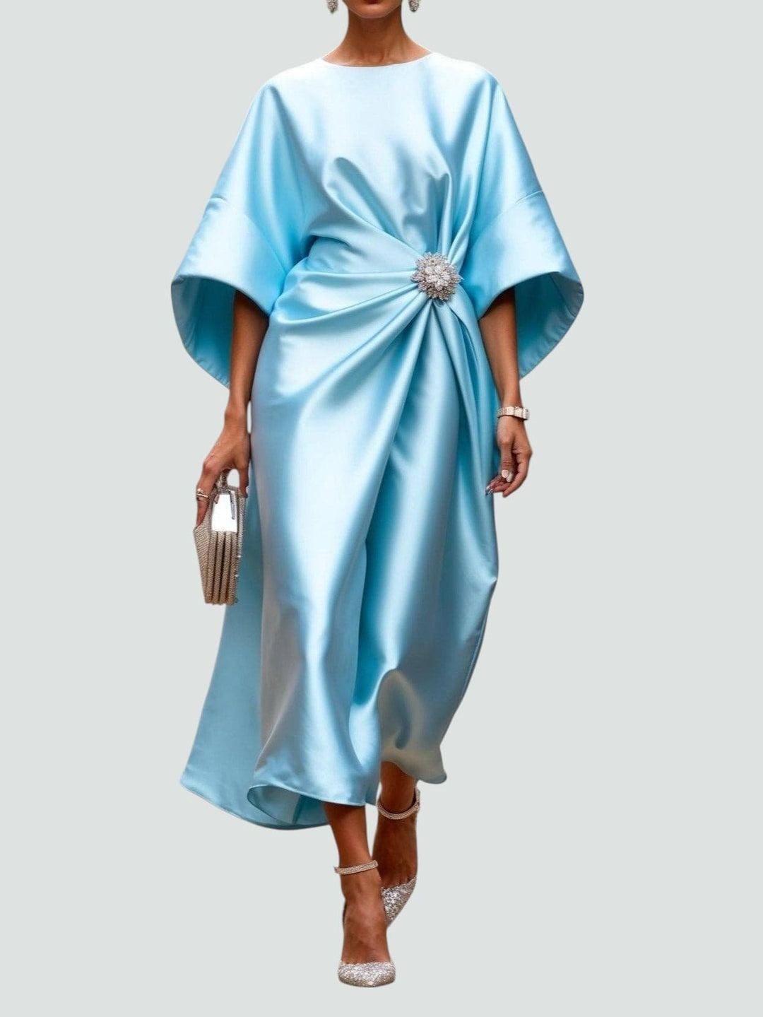 Women's Boat Neck Satin Kimono Sleeve Midi Dress - Turquoise