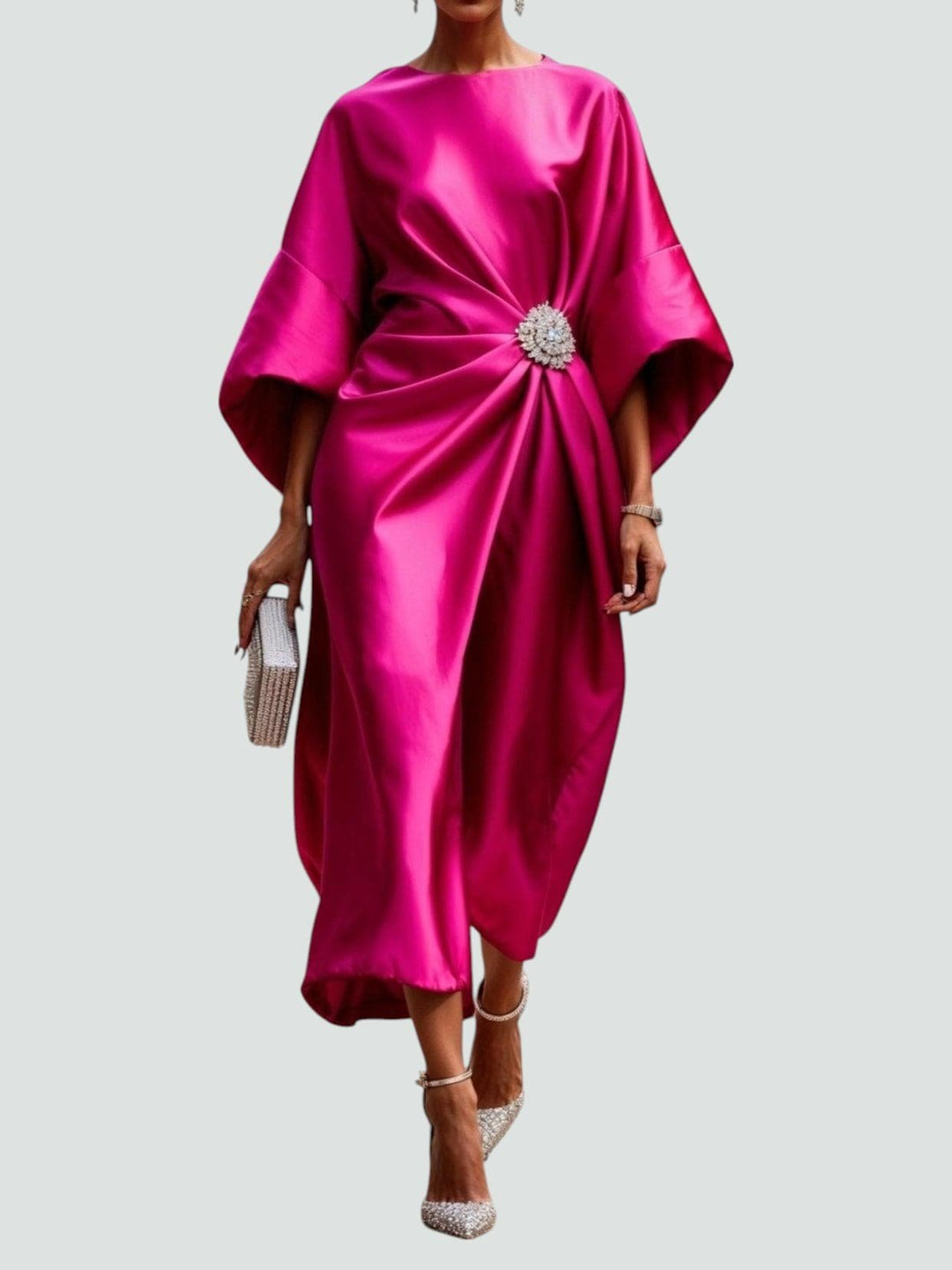 Women's Boat Neck Satin Kimono Sleeve Midi Dress - Pink
