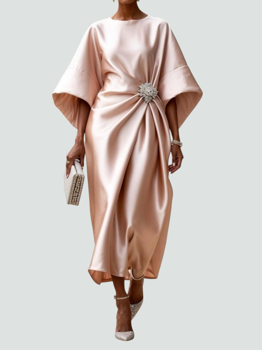 Women's Boat Neck Satin Kimono Sleeve Midi Dress - Beige