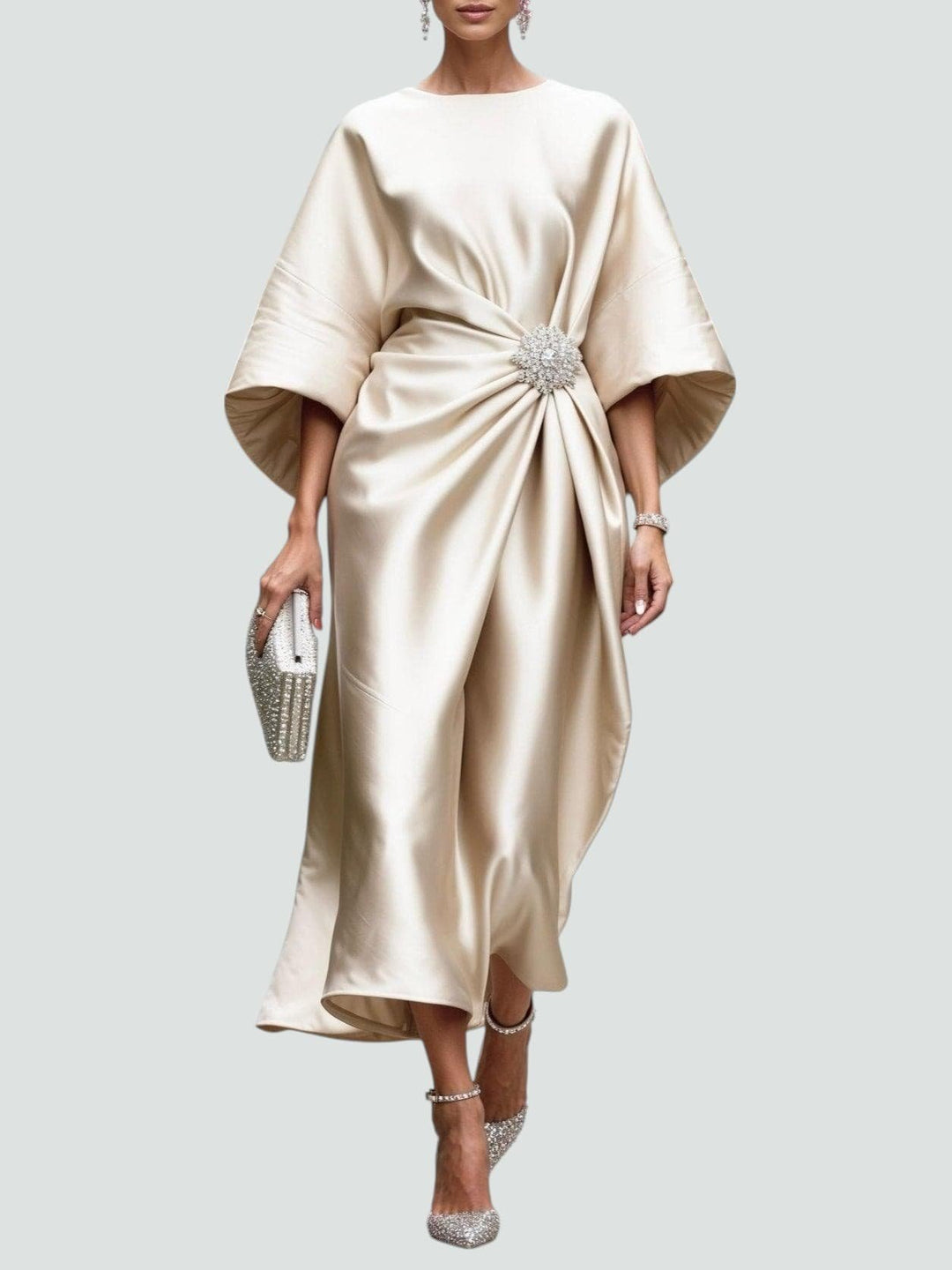 Women's Boat Neck Satin Kimono Sleeve Midi Dress - Khaki