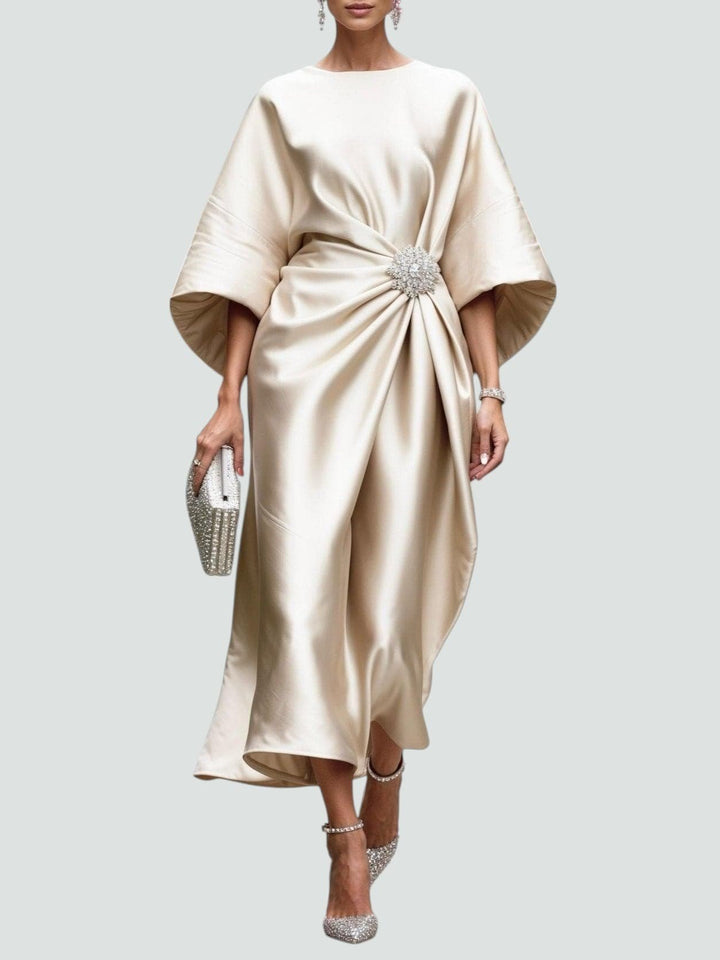 Women's Boat Neck Satin Kimono Sleeve Midi Dress - Khaki