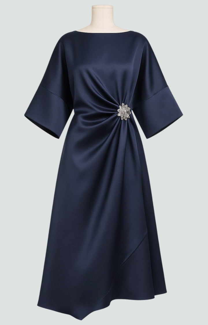 Women's Boat Neck Satin Kimono Sleeve Midi Dress