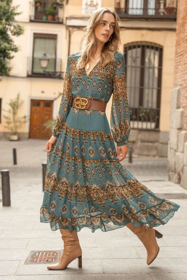 Women's Bohemian Medallion Print Chiffon Puff Sleeve Tiered Midi Dress