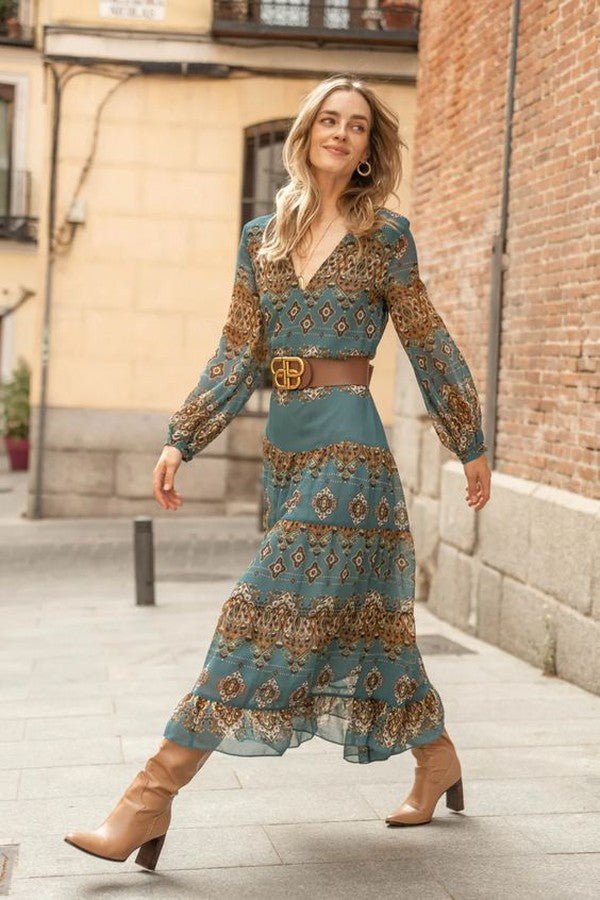 Women's Bohemian Medallion Print Chiffon Puff Sleeve Tiered Midi Dress