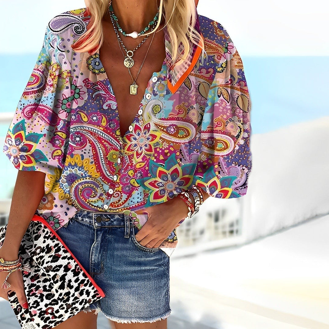 Women's Bohemian Paisley V-Neck Button-Up Blouse - Multicolor