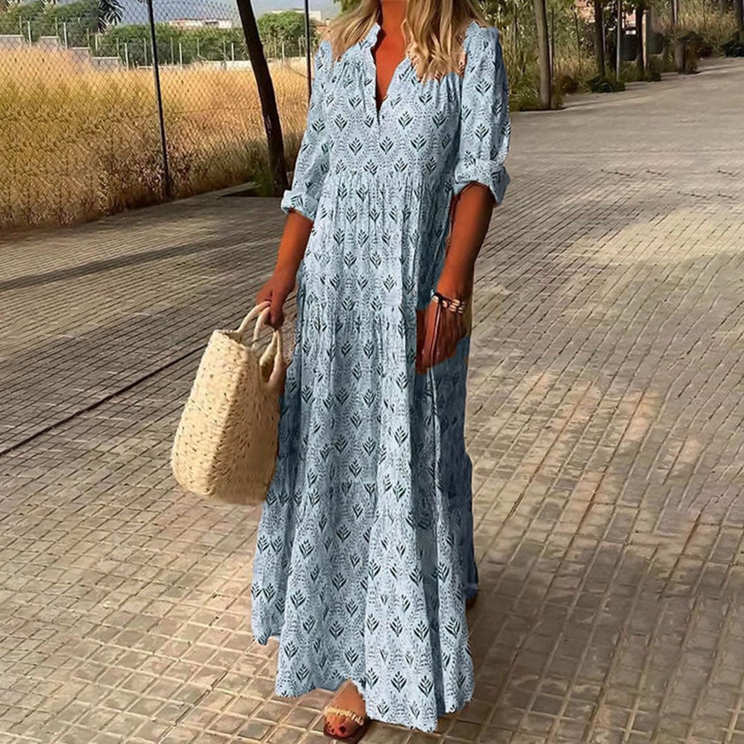 Women's Bohemian V-Neck Three-Quarter Sleeve Maxi Dress - Blauw