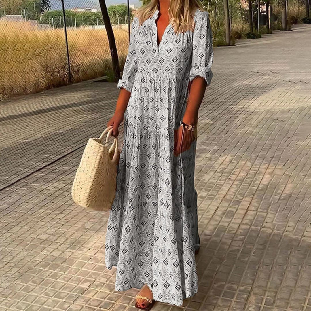 Women's Bohemian V-Neck Three-Quarter Sleeve Maxi Dress - Grijs