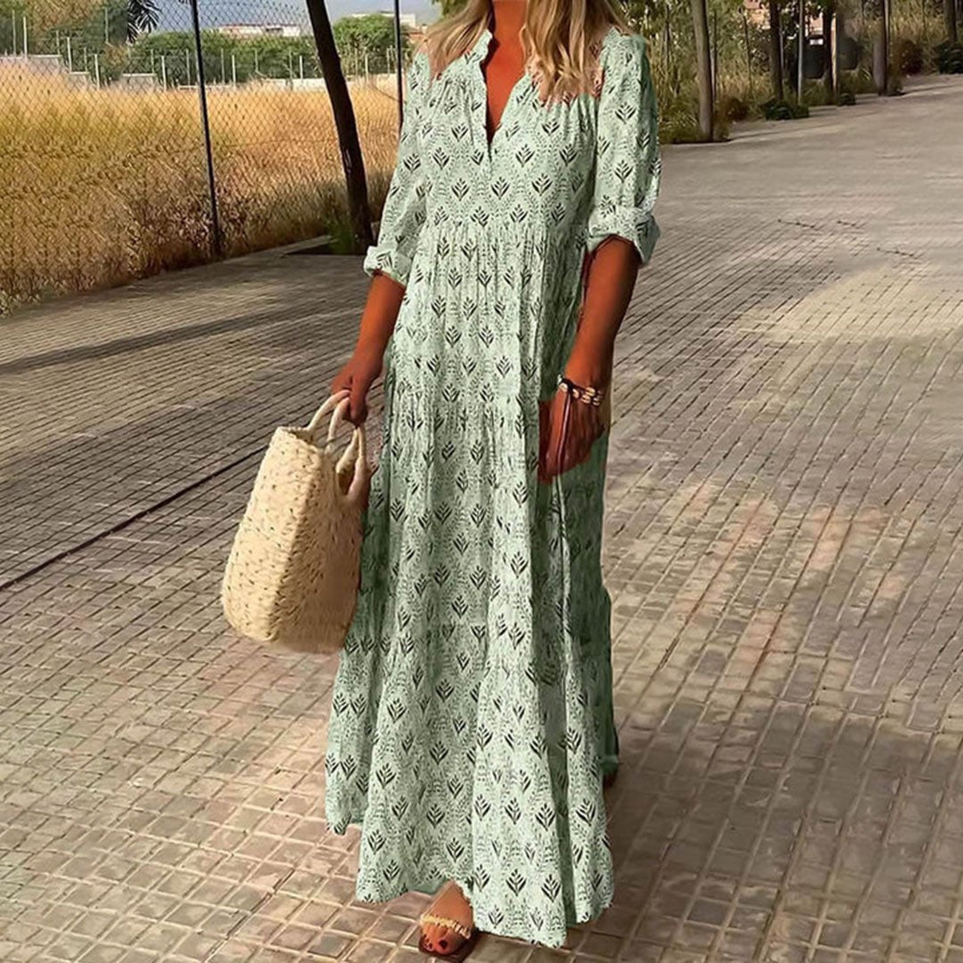 Women's Bohemian V-Neck Three-Quarter Sleeve Maxi Dress - Groen