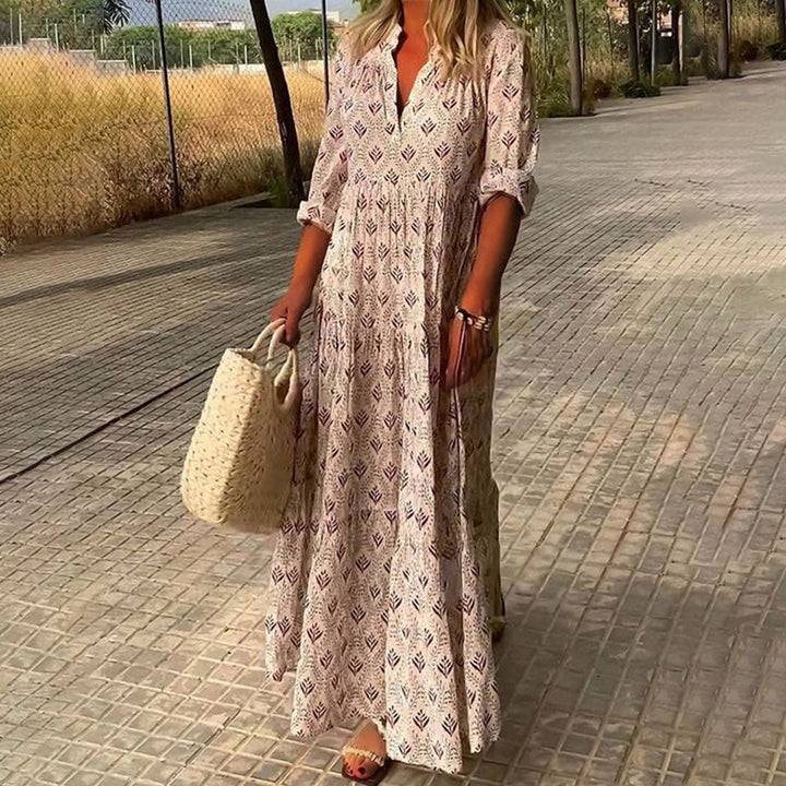 Women's Bohemian V-Neck Three-Quarter Sleeve Maxi Dress - Roze