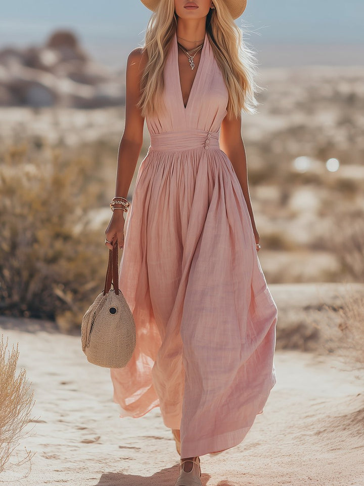 Women's Boho Cotton-Linen Halter Maxi Dress - Pink