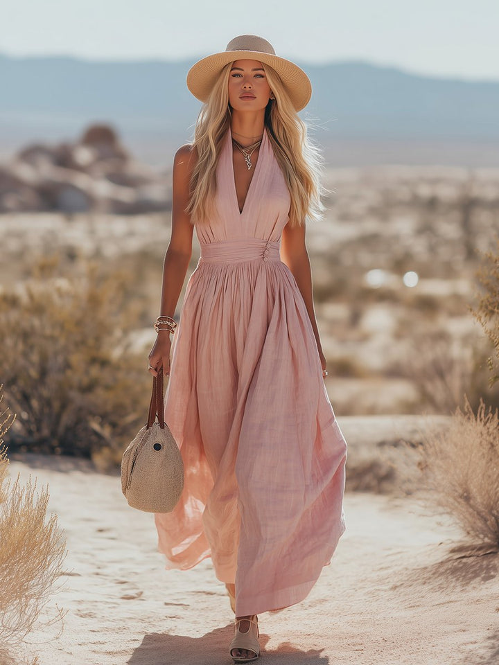 Women's Boho Cotton-Linen Halter Maxi Dress