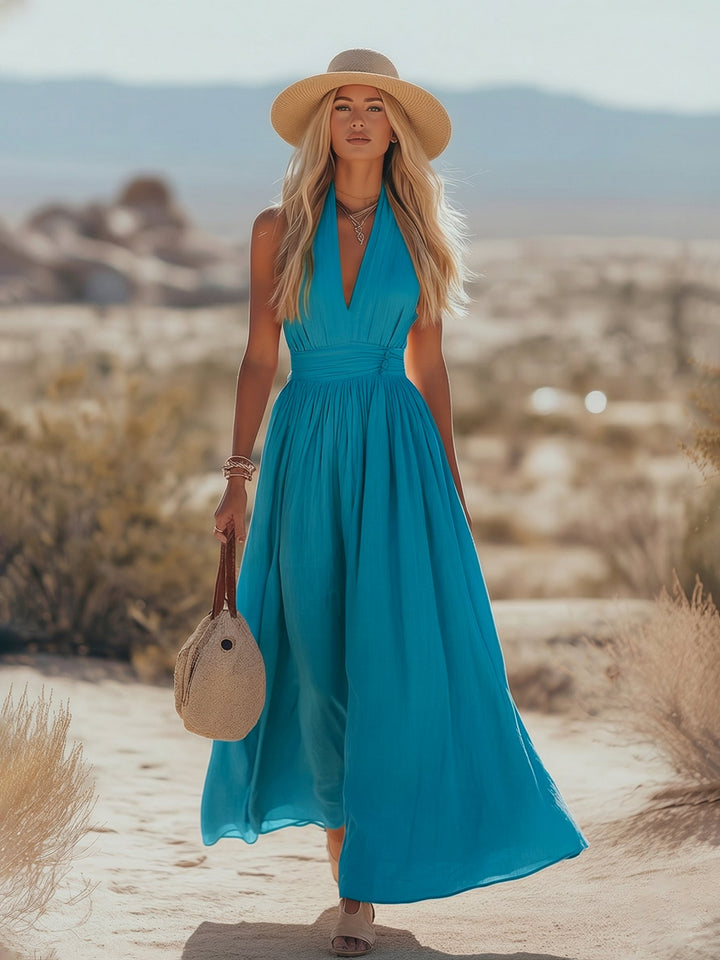 Women's Boho Cotton-Linen Halter Maxi Dress