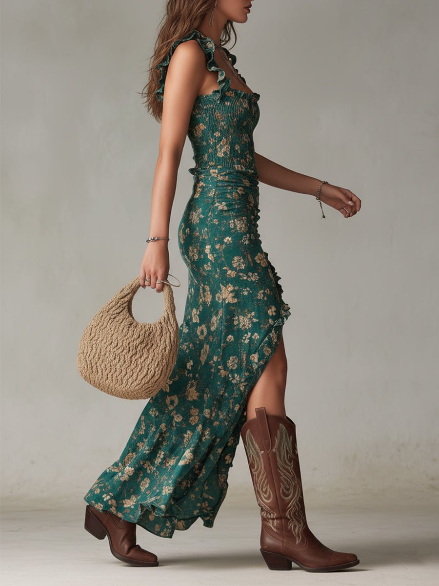 Women's Boho Floral Sleeveless Side-Slit Maxi Dress