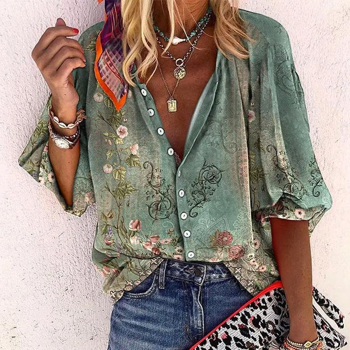 Women's Boho Floral V-Neck Long-Sleeve Button-Down Blouse - Green