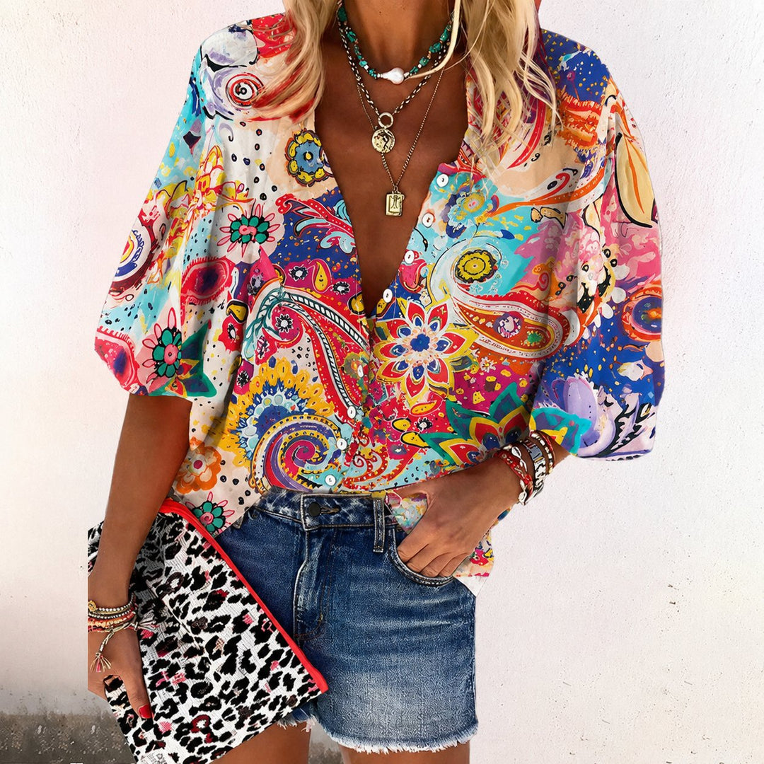 Women's Boho Floral V-Neck Long-Sleeve Button-Down Blouse - Pink