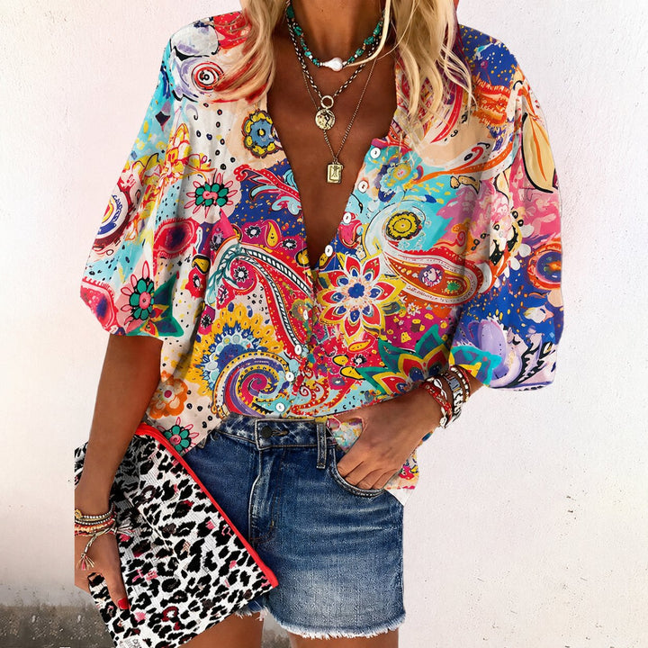 Women's Boho Floral V-Neck Long-Sleeve Button-Down Blouse - Pink