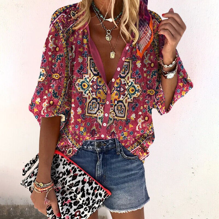 Women's Boho Floral V-Neck Long-Sleeve Button-Down Blouse - Red
