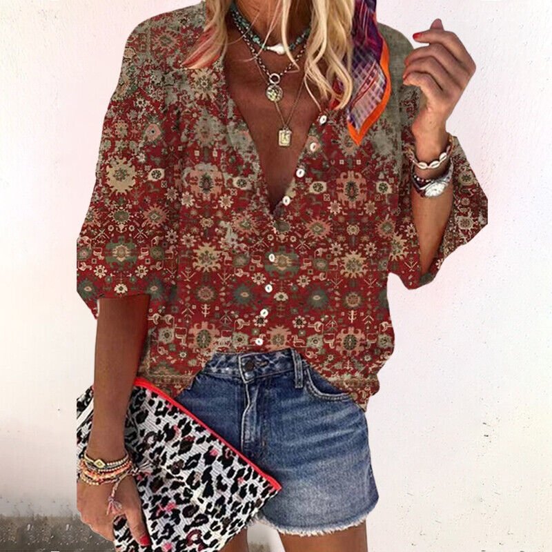 Women's Boho Floral V-Neck Long-Sleeve Button-Down Blouse - Brown