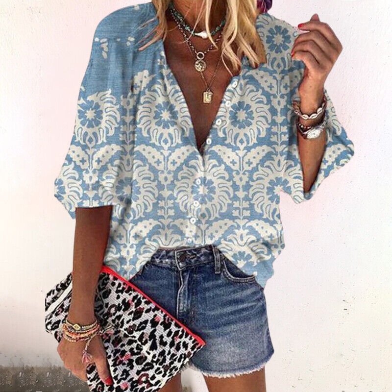 Women's Boho Floral V-Neck Long-Sleeve Button-Down Blouse - Blue