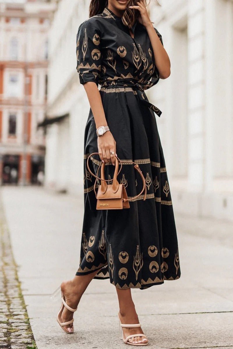 Women's Boho Print Belted Midi Dress - Black