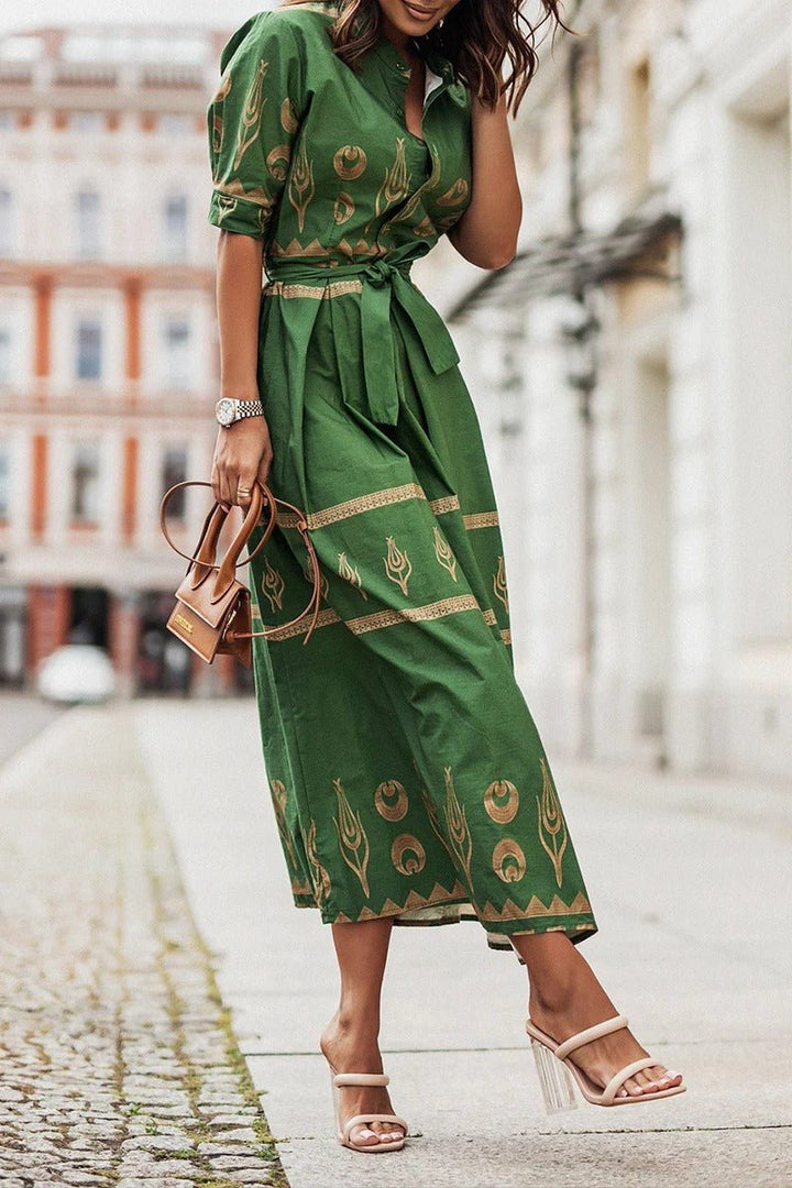 Women's Boho Print Belted Midi Dress - Green
