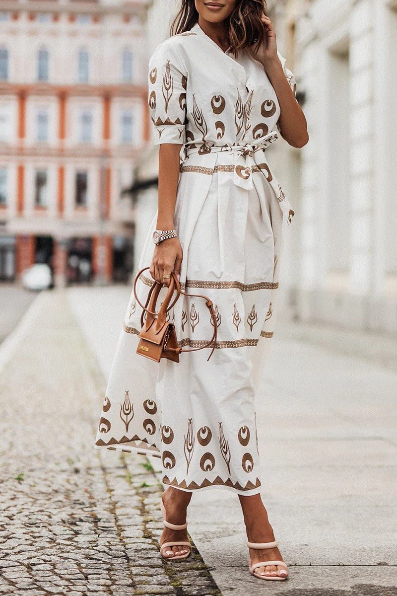Women's Boho Print Belted Midi Dress - White