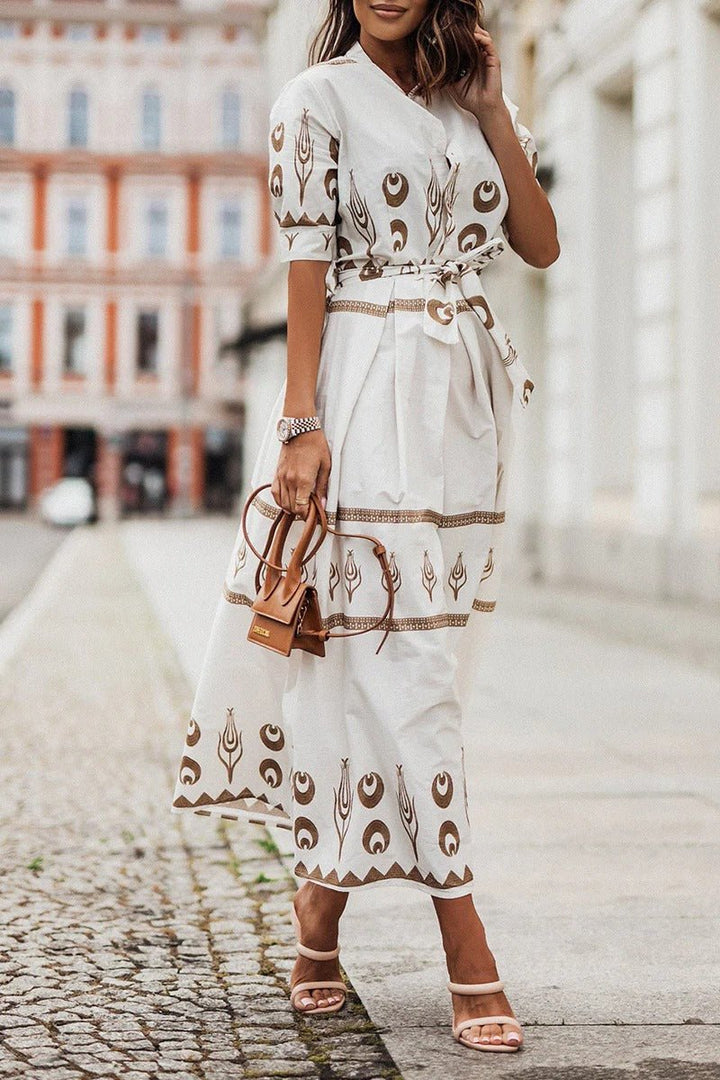 Women's Boho Print Belted Midi Dress - White
