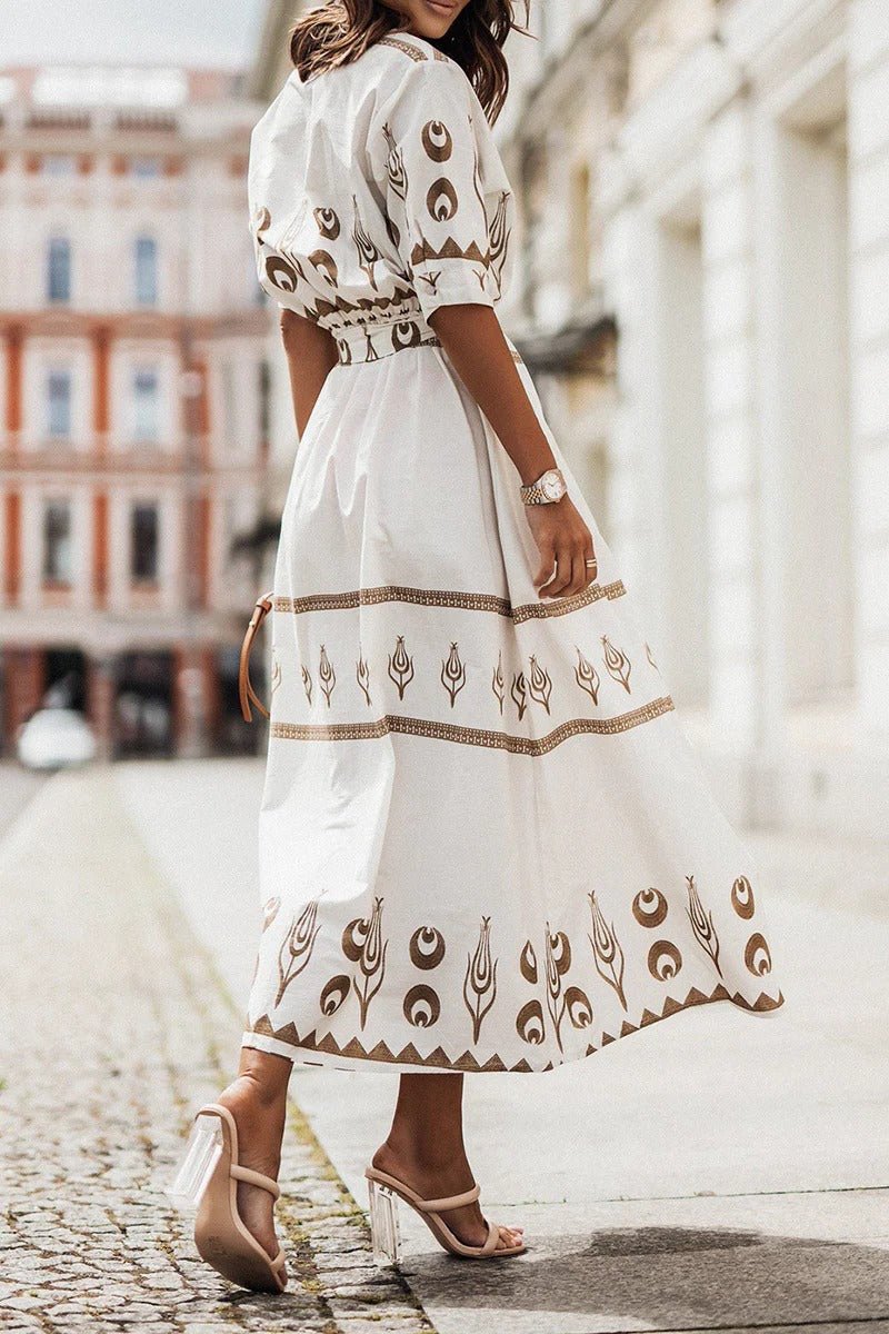 Women's Boho Print Belted Midi Dress