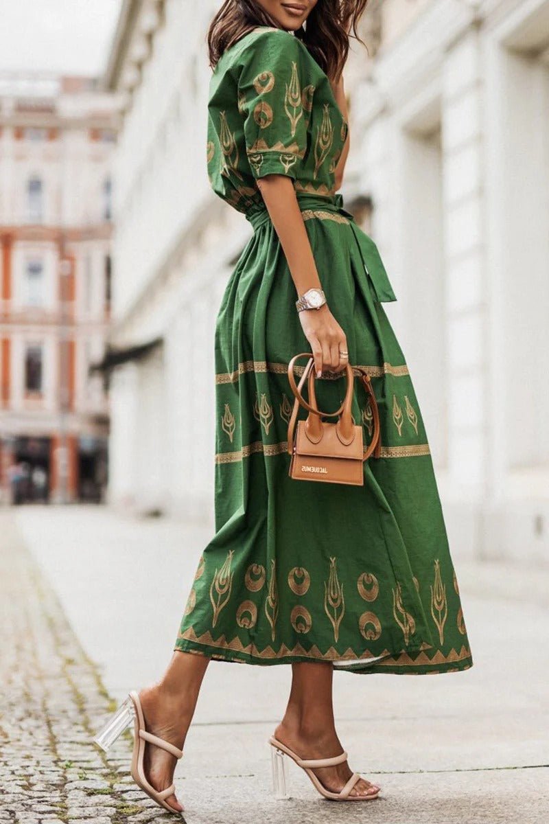 Women's Boho Print Belted Midi Dress