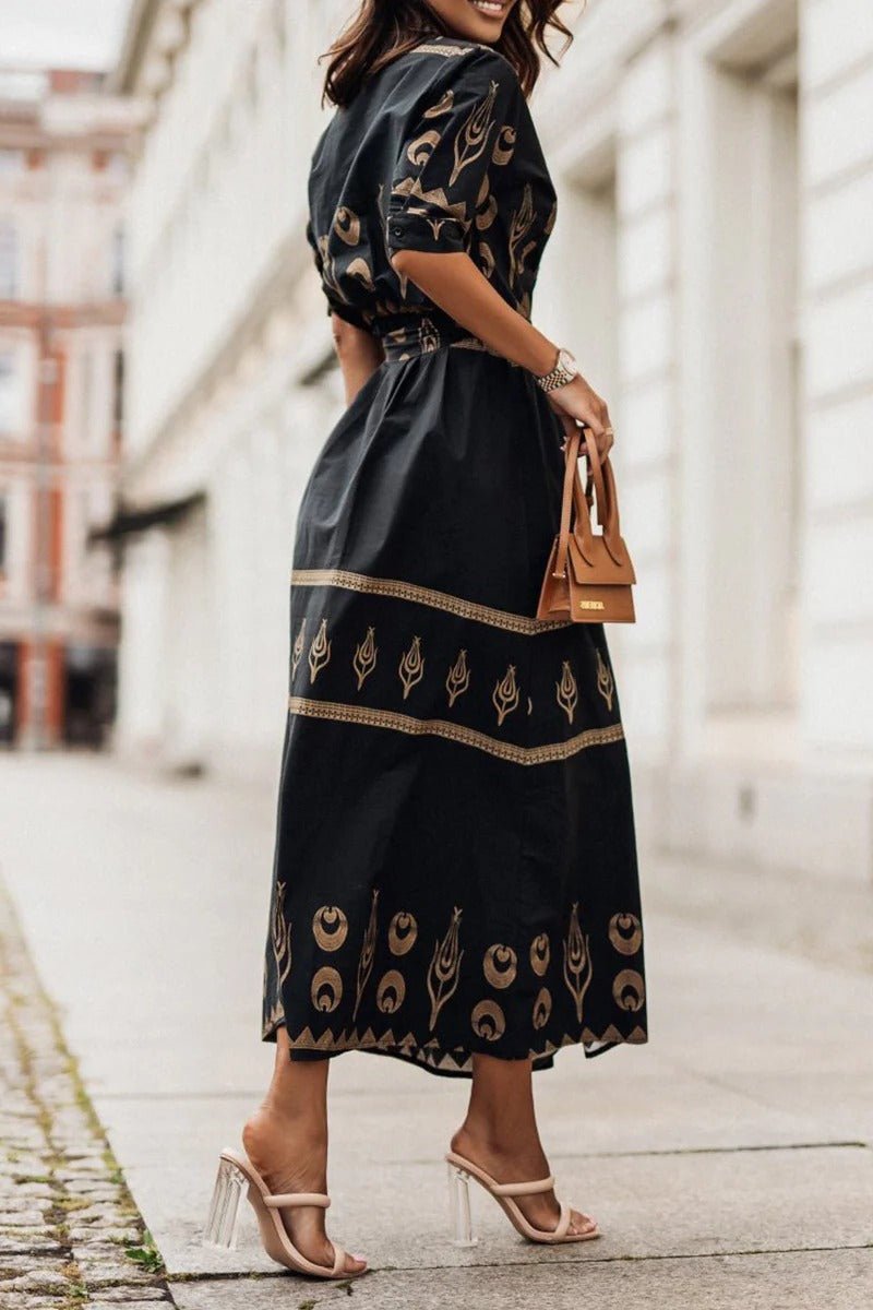Women's Boho Print Belted Midi Dress